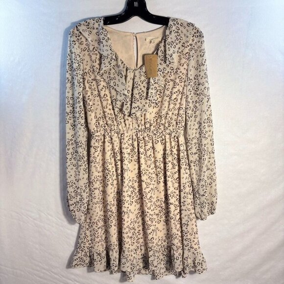 Leopard Print Long-Sleeve Ruffled Dress With Elastic Waist & Flounce Hem - Beige - Picture 7 of 16